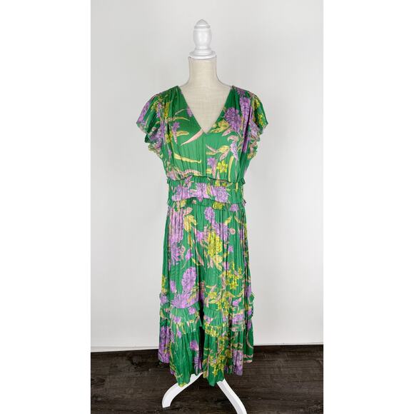 Current Air Sereia Botanical Motif Midi Dress Womens Large Green Purple New - Picture 4 of 10